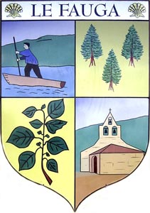 Blason de Le Fauga, repr&eacute;sentant des &eacute;l&eacute;ments h&eacute;raldiques traditionnels sur fond color&eacute;.