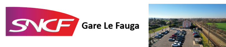 logo sncf, l'image gare Le Fauga avec plusieurs voiture stationner 