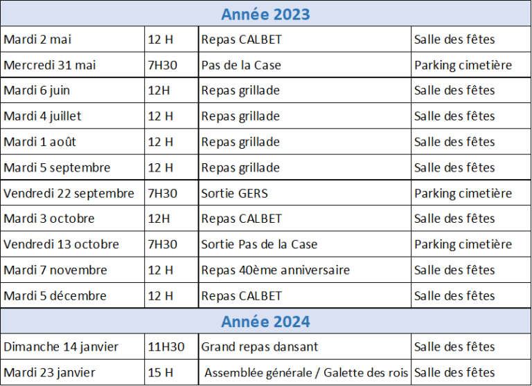 Calendrier des activités pour l’année 2023