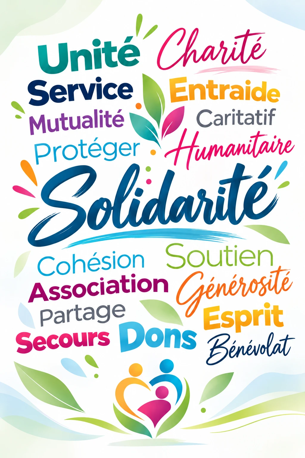 Nuage de mots illustrant la solidarité et l'aide, avec des termes variés exprimant soutien et assistance.